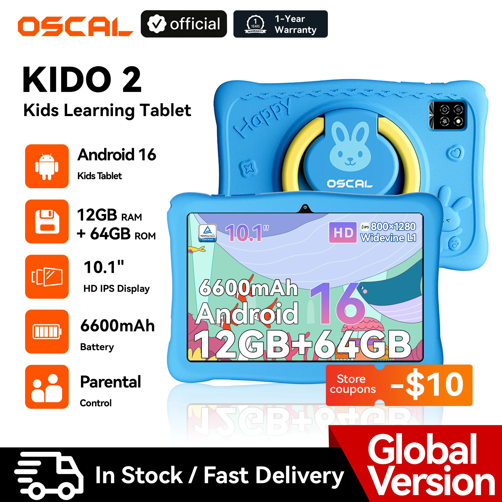 Фото Детский планшет Blackview Oscal KIDO 2 на Android 16, 12 ГБ ОЗУ (4 ГБ + 8 ГБ), 64 ГБ, 10.1 дюйма HD IPS, 6600 мАч, Wi-Fi, Google Play №1