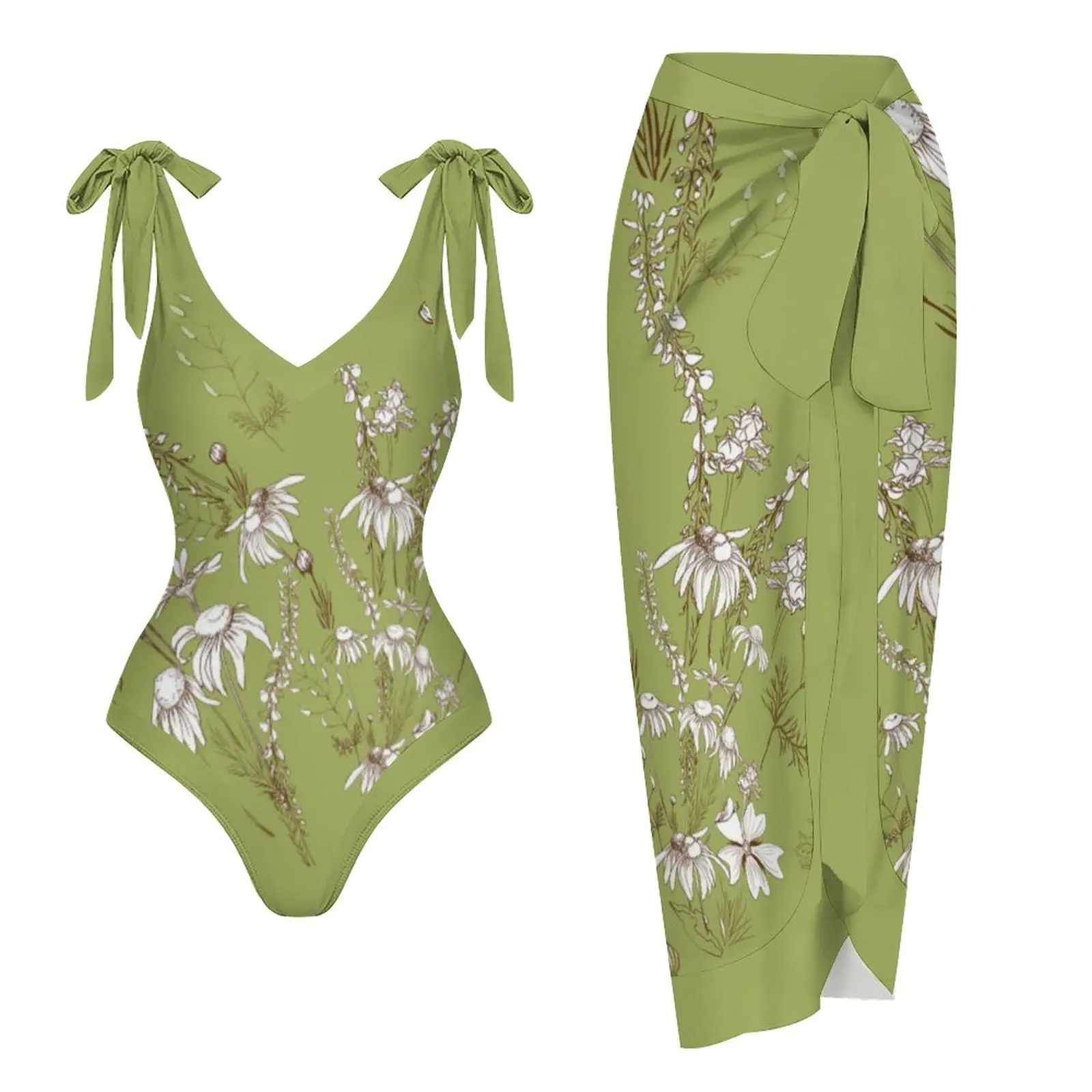 

Green Printed One-Piece Strappy Swimsuit for Women, Sexy V-Neck, Hollow-out Bikini, Slim Bikini, Rectangular Blouse, Beach Skirt