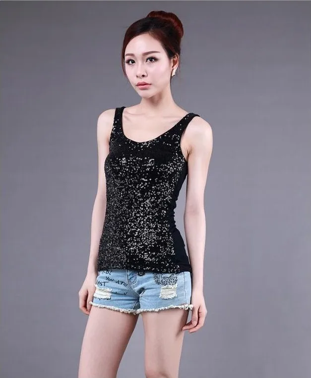 

2022 New Women Sequined Spaghetti Camisole Tank Tops Summer Clubwear Tops Sexy Round Neck Sequin Camis Lady Vest Tops Black