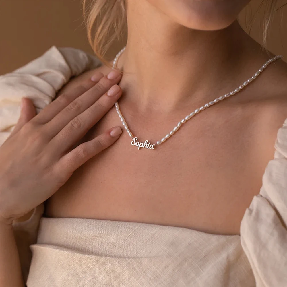 Women's Stainless Steel custom Name Necklace Personalized pearl necklace bead chain fashion accessories Mothers Day jewelry Gift