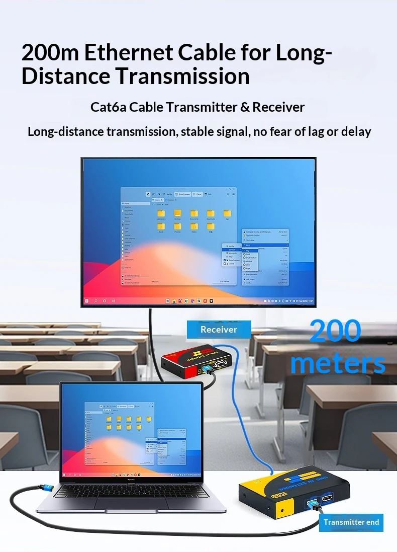 Фото HDMI KVM-удлинитель 200 м, 4K/1080P, адаптер RJ45, HDMI VGA удлинитель, передатчик для передачи видео и аудио, поддержка локальных сетей. №3