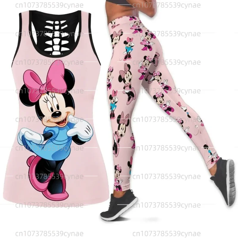 

Женский ажурный жилет и леггинсы Disney Minnie, костюм для йоги, Фитнес-Леггинсы, спортивный костюм, комплект из майки и леггинсов Disney
