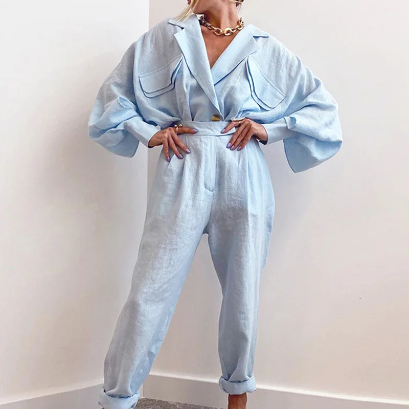 

2022 Cotton Linen Loose Outfits Fashion Lapel Shirt Coat and Wide Leg Pants Suits Women Casual Long Sleeve Solid Two Piece Sets