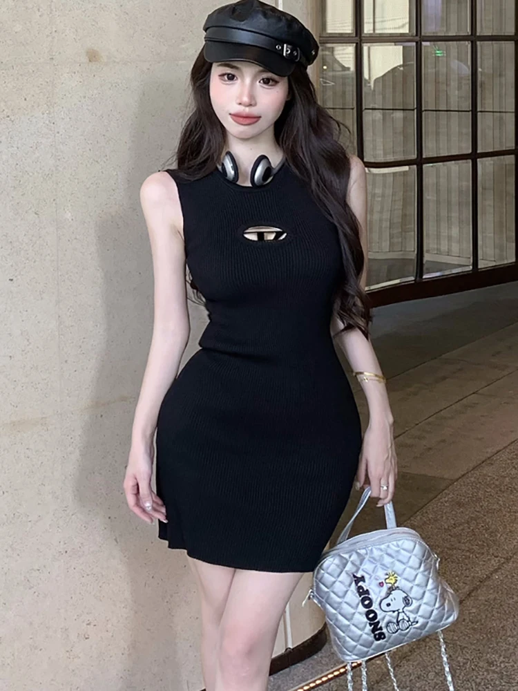 

Spring Summer Black Knitted Mini Dress Women Fashion Hollow Out Chic Sleeveless Dress 2023 Korean Elegant Bodycon Kawaii Dresses