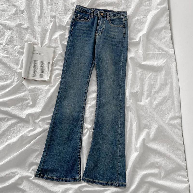 

Fashion Women Flare Jeans Korean Style Vintage Solid High Waist Trousers New Slim Hot Girl Denim Pants