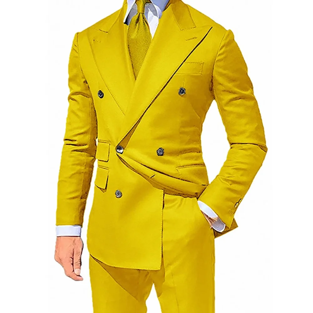 2023 Men's Yellow Double Breasted Slim Fit Set Popular Polo Custom Two Piece Wedding Groom Tuxedo Men's Fashion Jacket with Pant