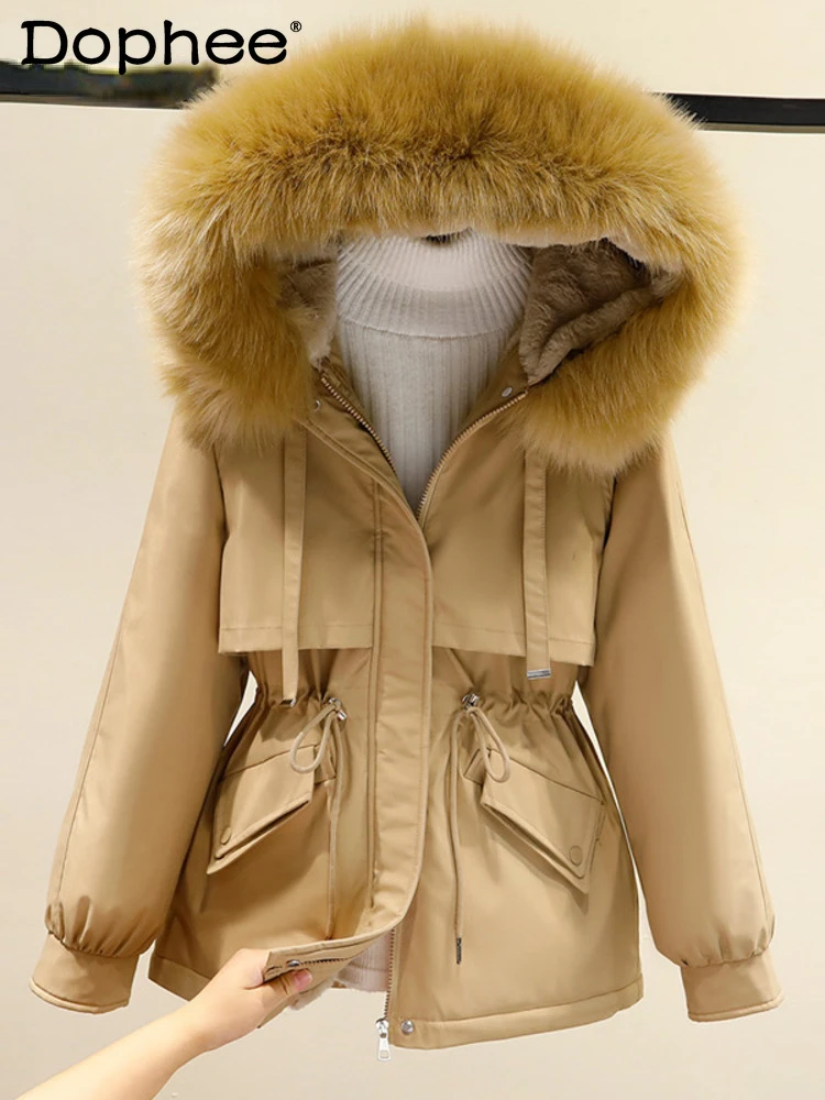 

2022 new autumn and winter fur collar zippers high waist pocket flocking spliced thickend parka female jacket