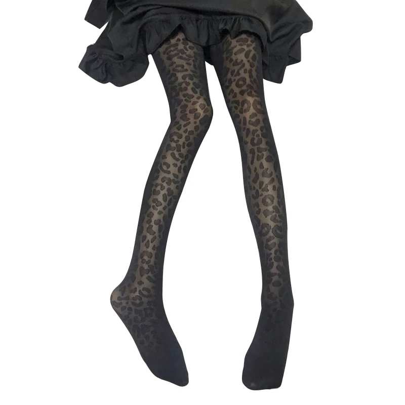 

Womens Sexy Stockings with Leopard Print Patterned Black Tights Ultra Thin See Through Silky Pantyhose Lingerie Hosiery