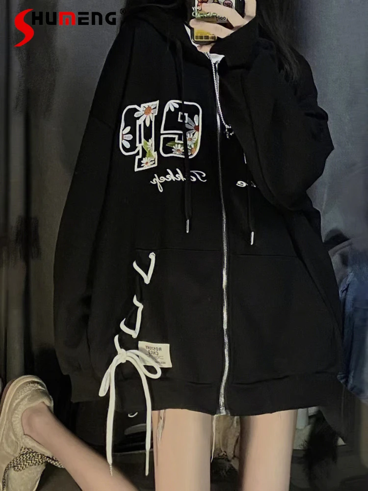 

Trendy Ins Thin Zip Up Hoodies for Women Autumn and Winter New Woman Letter Embroidered Zipper Velvet Padded Hooded Sweatshirt