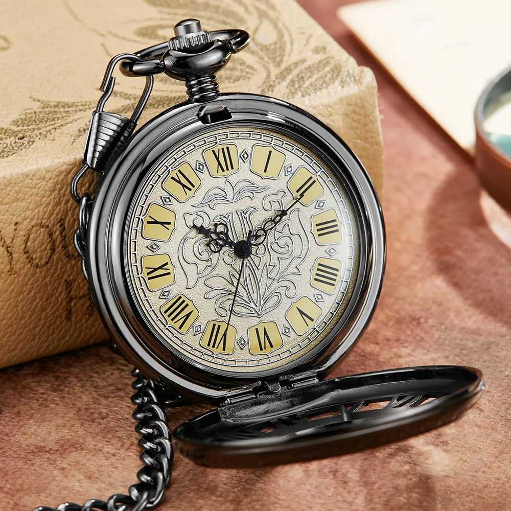 Vintage Retro Carved Exquisite Dial Mechanical Pocket Watch FOB Chain Luxury Hollow Black Roman Hand Wind Men Clock Pocket Watch