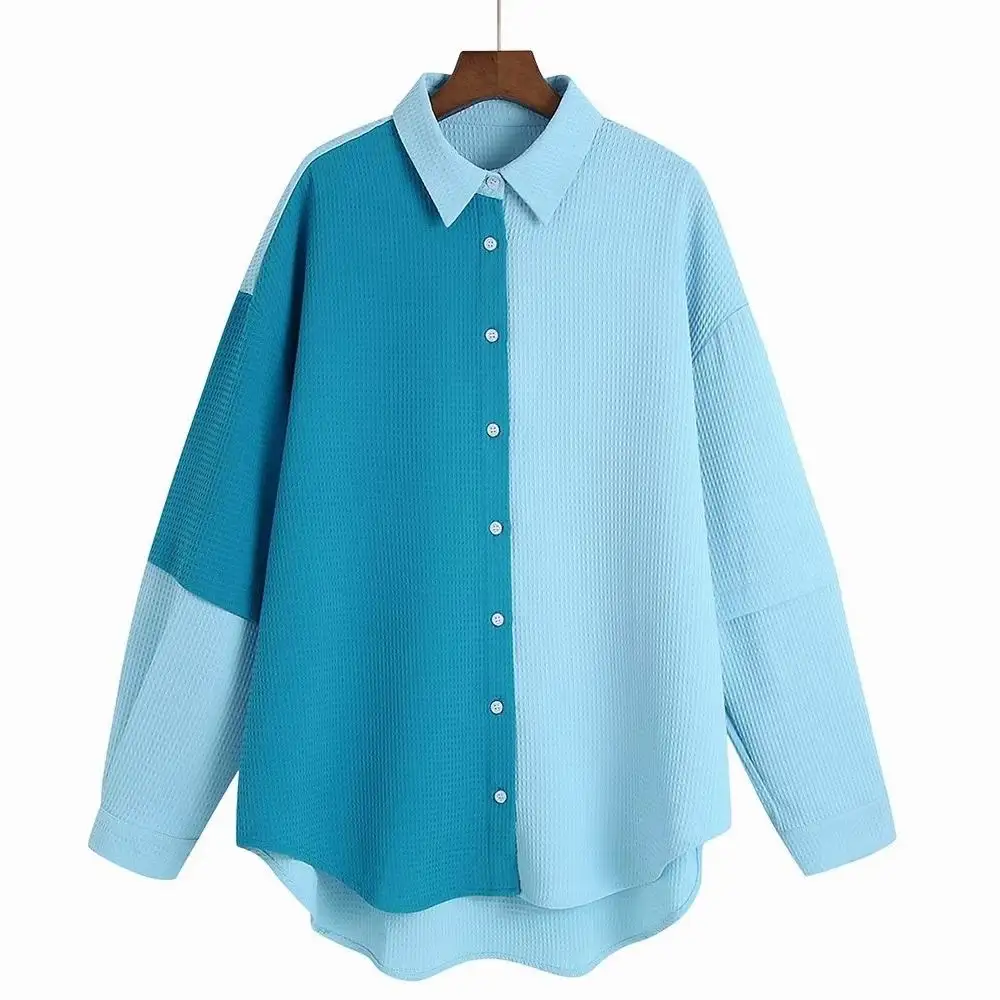 

Wide Long Shirt Women Autumn 2022 New Clothing Textured Material Patchwork Blouse Modern Lady Loose Top Wears