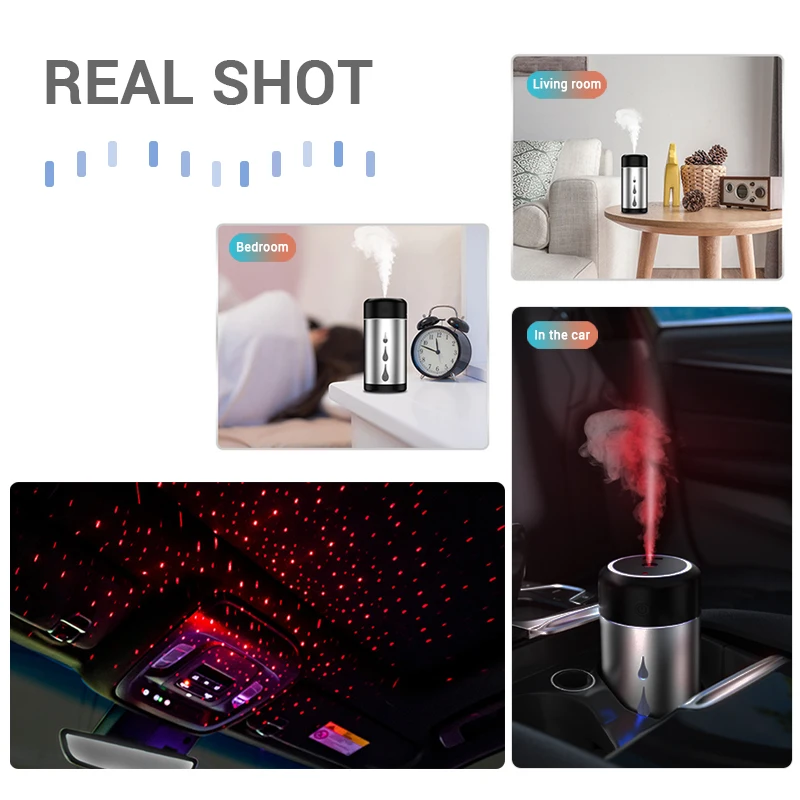 

Car Air Humidifier Starry Atmosphere Light Aroma Essential Oil Diffuser USB Low Decibel Mute Humidifier for Car Household