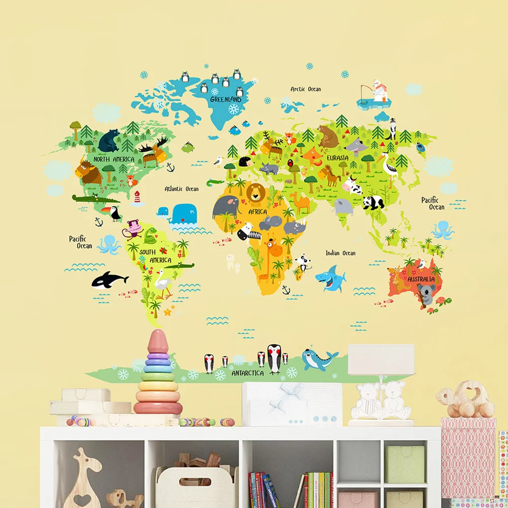 

Bedroom Nursery for Wall Decor Cartoon Waterproof Animals World Map Wall Stickers 1 pc