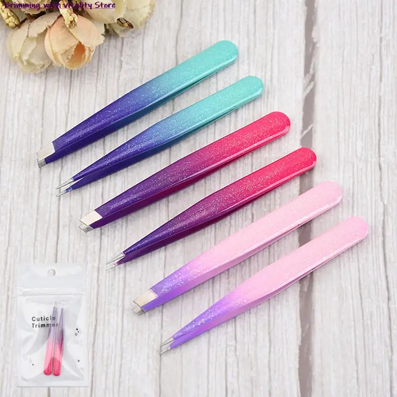 

2Pcs Professional Stainless Steel Slant Tip Hair Removal Eyebrow Tweezer Tool