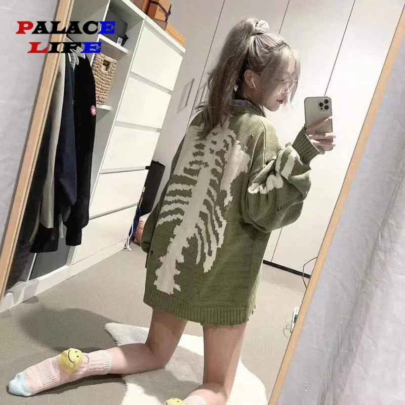 

Men Oversized Sweater Green Loose Skeleton Bone Printing Woman High Quality High Street Damage Hole Vintage 1:1 Knitted Sweater
