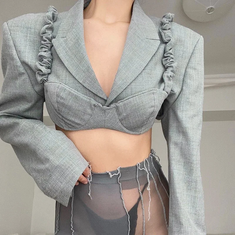Korean Fashion Sexy Cropped Blazer Women Shoulder Pads Jackets Short Long Sleeve Chic Y2k Stylish Elegant Blazers Grey 2023