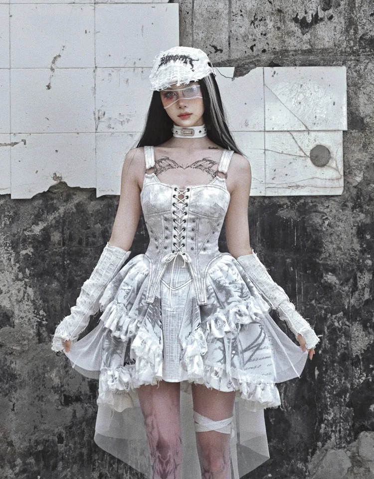 Кружевное Бандажное платье для девочки белохвостое сексуальная готика