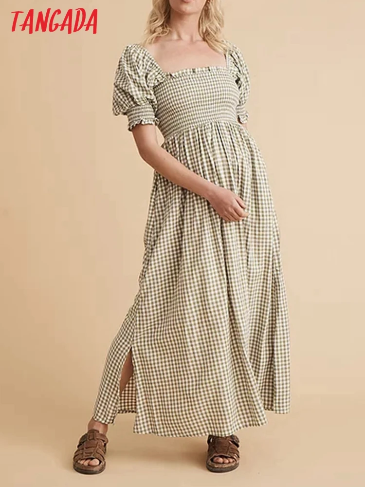 

Платье женское Летнее Длинное Зеленое в клетку, из хлопка, с коротким рукавом-фонариком, 8M23