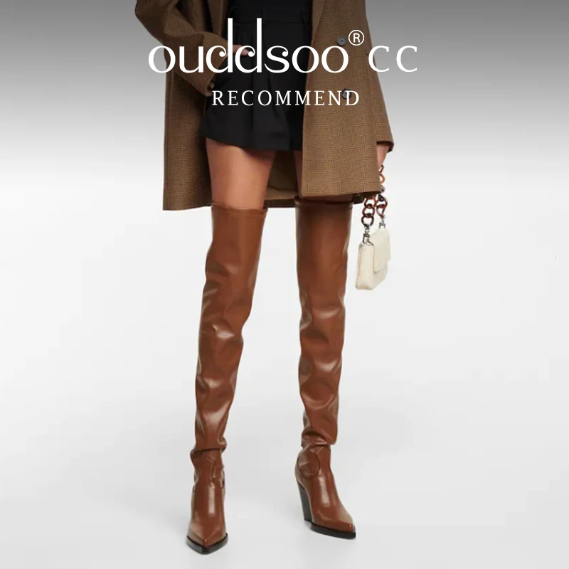 ODS Brand Genuine Leather Thick Heels Autumn Winter Over The Knee High Boots Woman Sexy Pointed Toe Stretch Shoes Party 40414346