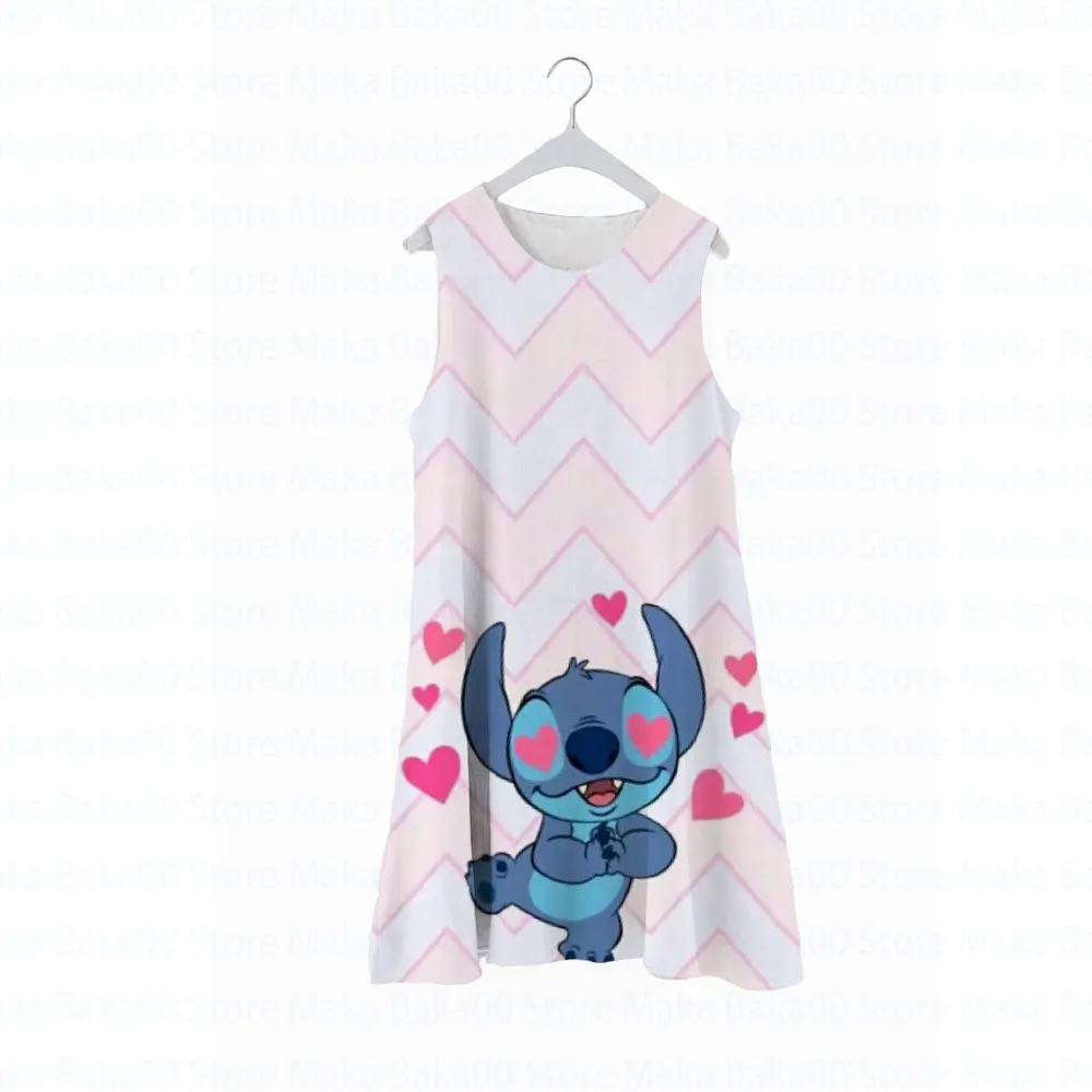 Купи Disney Stitch Dress Girls Princess Dress 2022 Summer New Children's Clothing Printed Round Neck Sleeveless Cartoon Dress за 235 рублей в магазине AliExpress