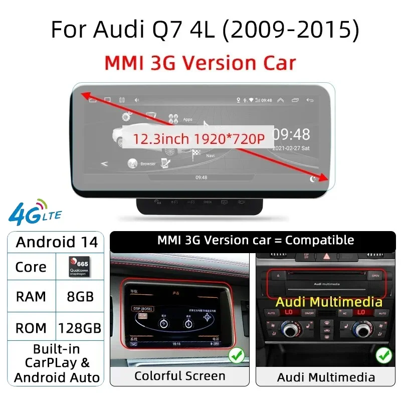 

Автомобильный экран Android 14 для Audi Q7 4L 2005-2015 GPS Navi Мультимедийное стерео 8 + 128 ГБ ОЗУ 5G WIFI Carplay Qualcomm 8 Core