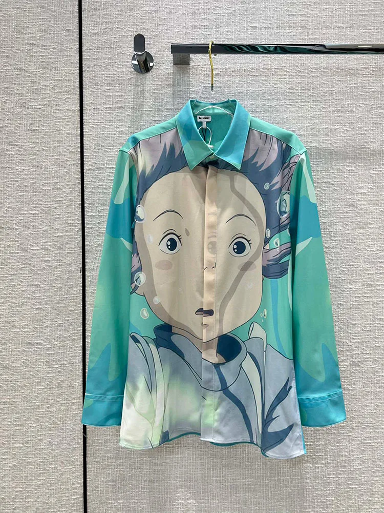 

Beanomad Fashion Runway Designer Spring Casual Ponyo Cartoon shirt Women Turn-down Collar Long Sleeves Vacation Shirts Tops