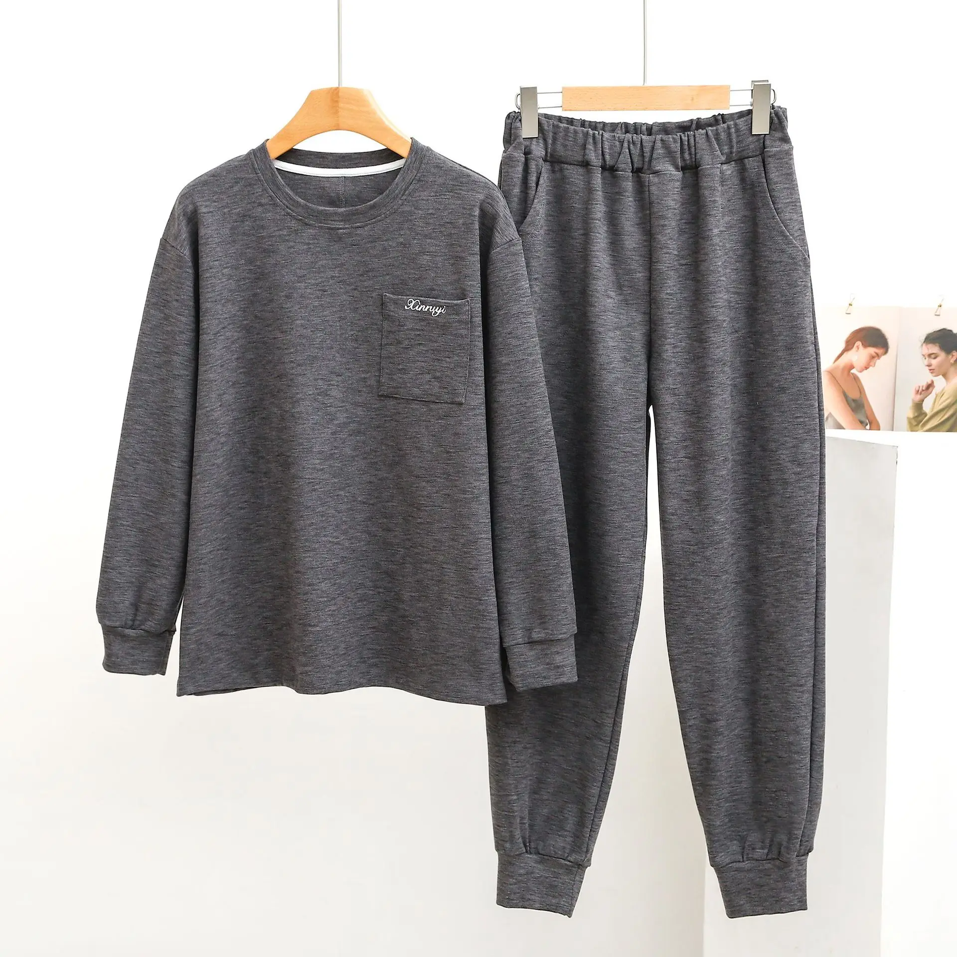 Women Loungewear Sweatshirt Pants Suit Autumn/Winter Symphony Flat Develvet Round Neck Long Sleeve Pocket Home Wear Thick Casual
