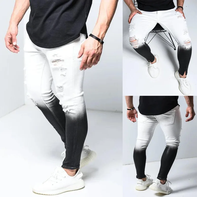 Men's Ripped Stretch Skinny Jeans Gradient Foot Zipper Pants for Man Casual High Street Slim Fit Trousers