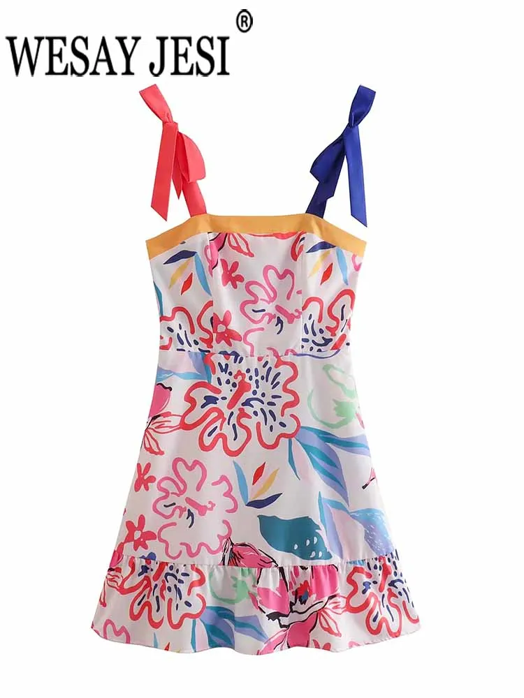 

WESAY JESI Fashion Trend Print High Street Waist Elastic Casual Women Dress Retro Pop Asymmetric Colorful Straps Mini Lady Dress