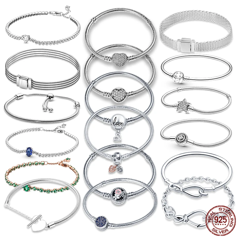 

Hot Sale Femme Bracelet 925 Sterling Silver Heart Snake Chain Bracelet For Women Fit Original Pandora Charms Beads Jewelry Gift