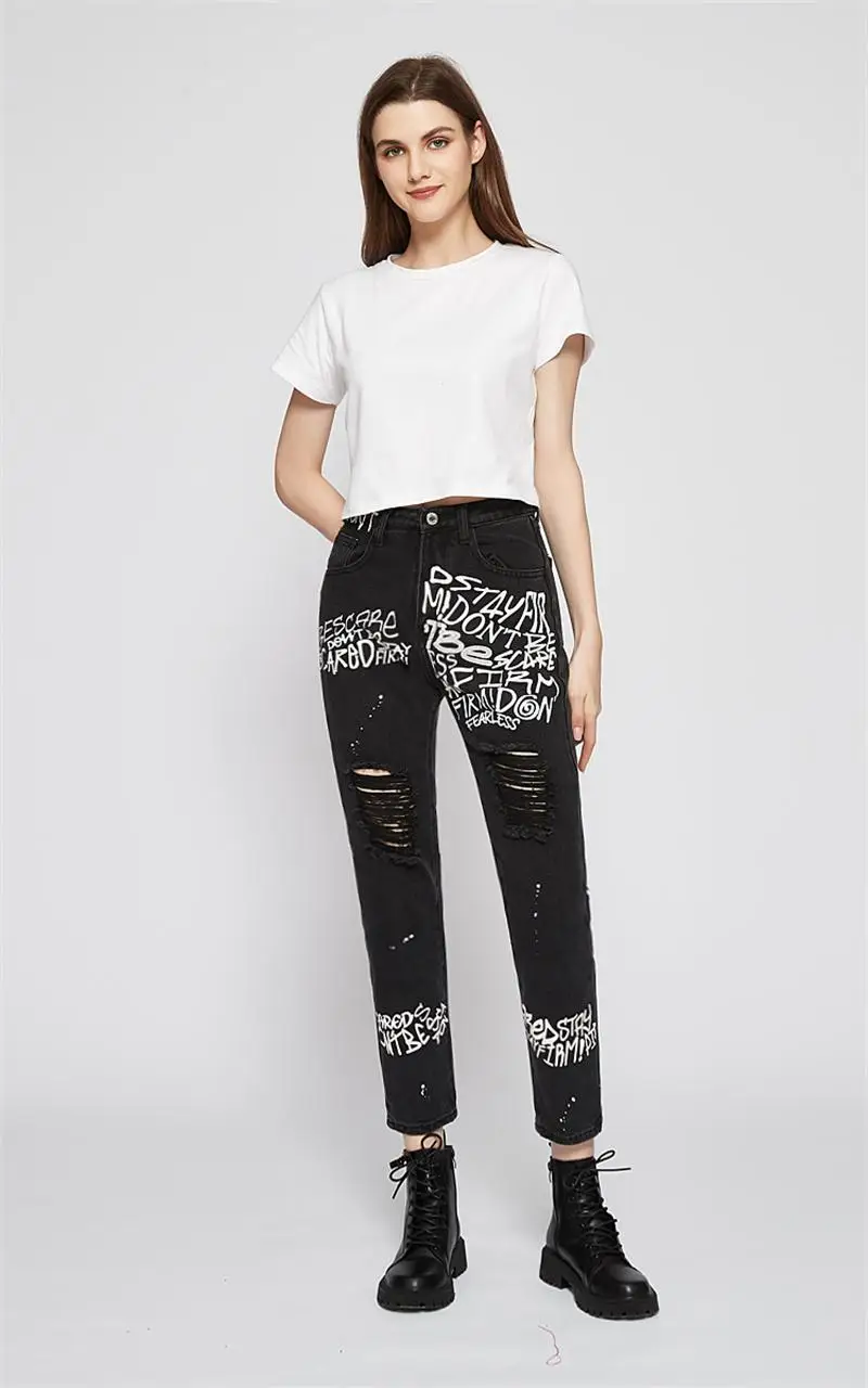 Spring and Autumn Hot Sale Ladies Black Jeans Personality Letter Print Ripped Hole Straight Cross Pants Hot Pants