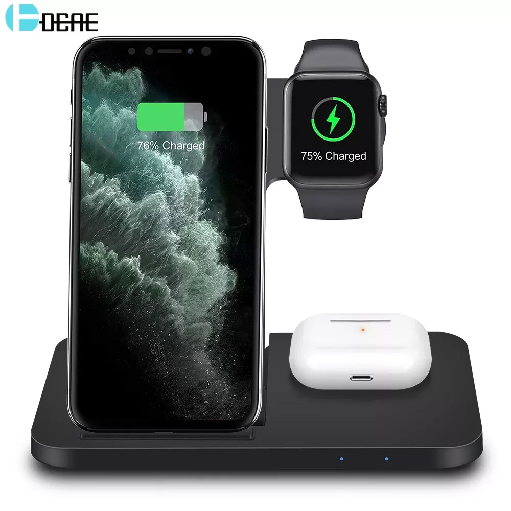 

DCAE 15W Qi Fast Wireless Charger Dock Station For iPhone 13 12 11 XS XR X 8 Apple Watch 7 6 5 4 3 2 AirPods Pro Charging Stand