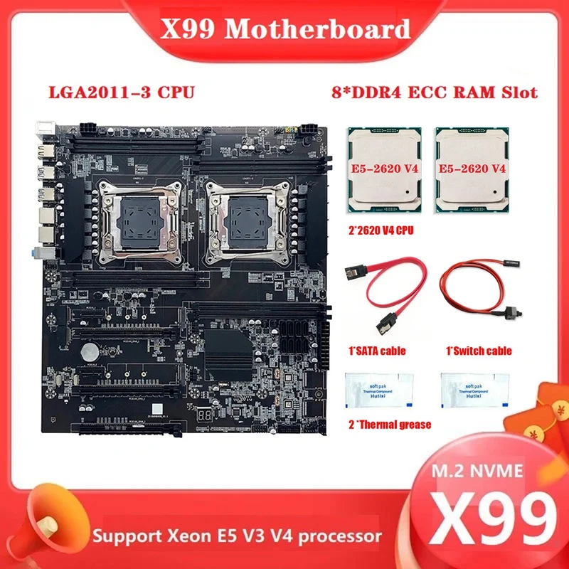 

Материнская плата X99 с двумя разъемами + 2X E5-2620 V4 ЦП + 2X термальная смазка + переключатель кабеля + SATA кабель LGA2011 V3/V4 8XDDR4 ECC комплекты слотов для ОЗУ