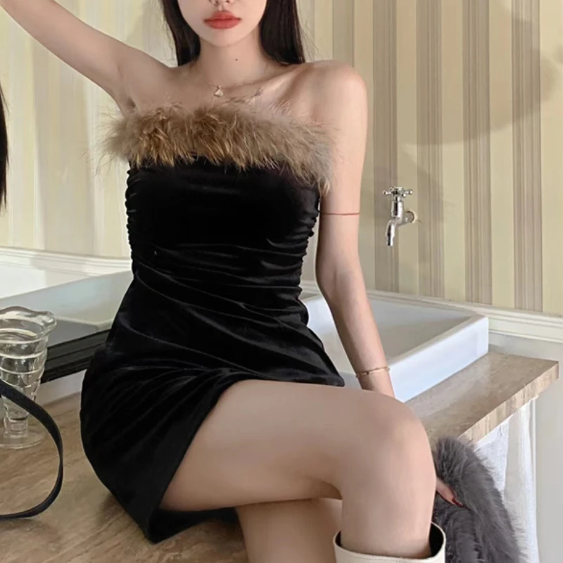

French Chic Fur Patchwork Sleeveless Bodycon Dress Woman High Waist Strapless Solid Color Skinny Mini Dresses Women Dropshipping