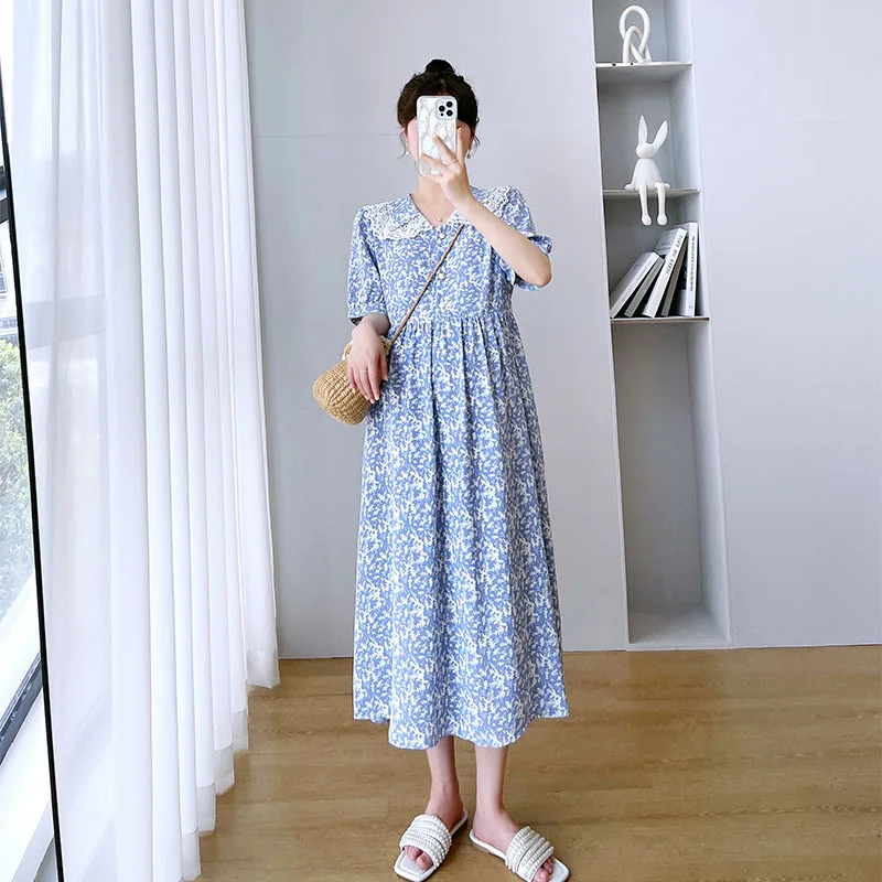 

Maternity Chiffon Dress Summer Korean Fashion Lace Lapel Clothes for Pregnant Women Flower Short Sleeve Pregnancy Dress