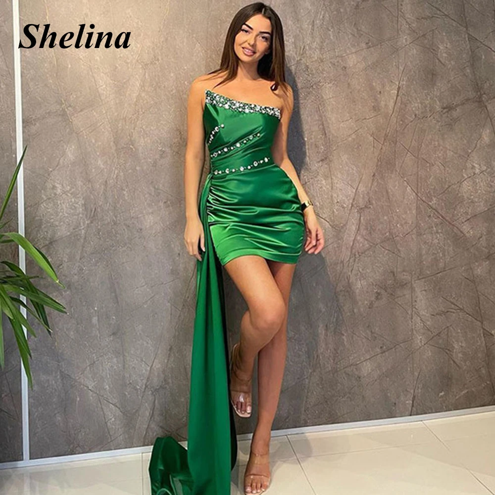 

Shelina Modern Strapless Evening Dress Pleat Sleeveless Crystal Sweep Train Straight Drop Shipping Robes De Soirée Customized