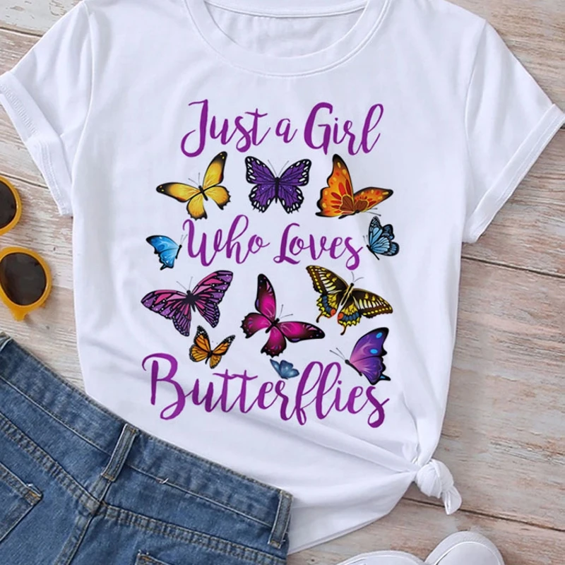 

Women T-Shirt Harajuku Graphic Tees Woman Short Sleeve Tshirt Clothes Female Blouse Butterfly Flowers Print T Shirt Summer Tops