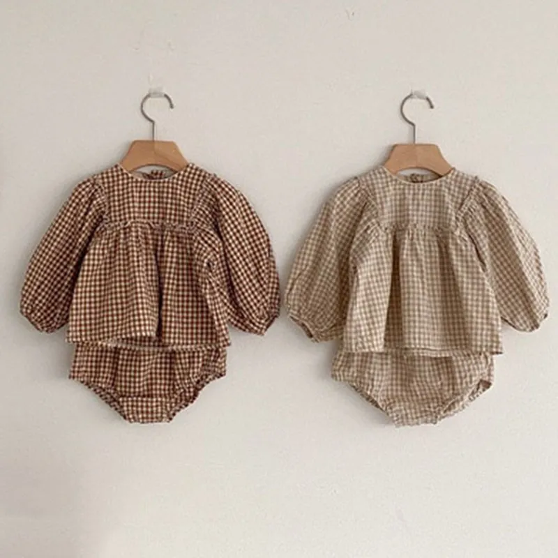 

Spring Autumn Infant Baby Ins Plaid Long Sleeve Tees Set Newborn Boy Girl Thin Casual Tops + Shorts 2pcs Kid Cotton T-shirt Suit