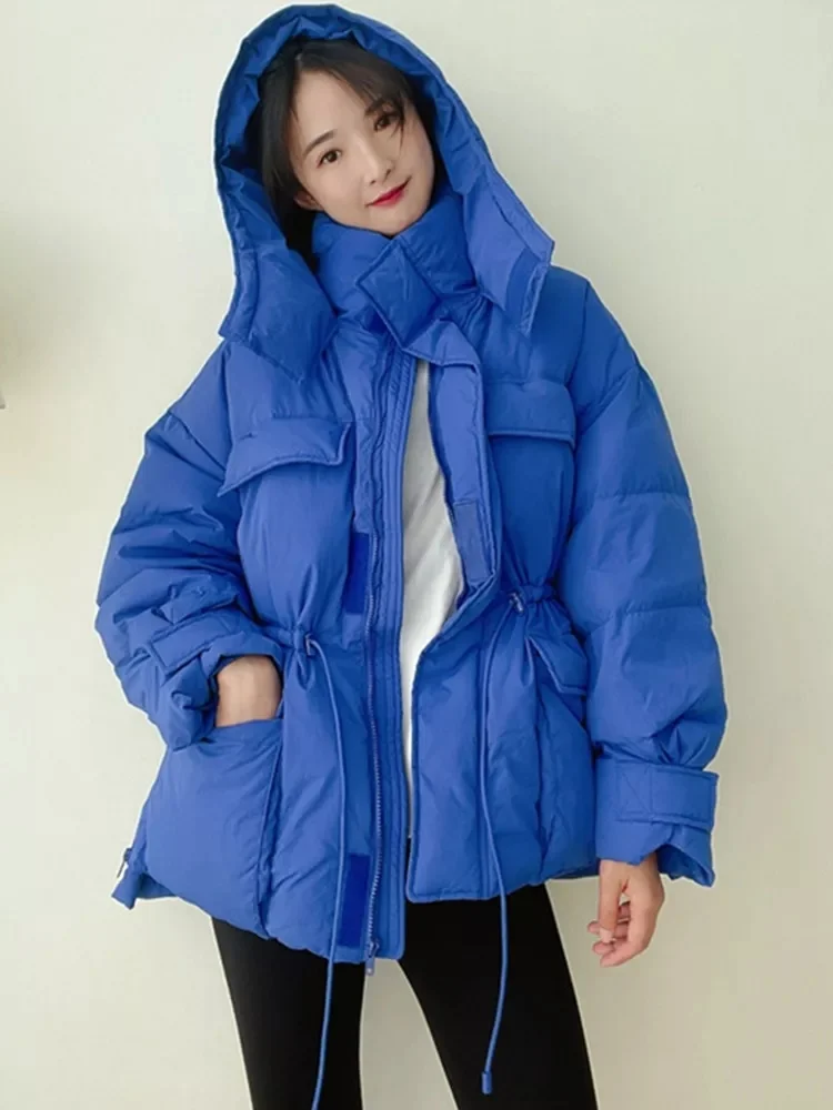 

Winter Women Hooded Short Down Coat Lady Soft Loose 90% White Duck Down Jacket Green Adjustable Waist Parkas Thick Warm Outwear