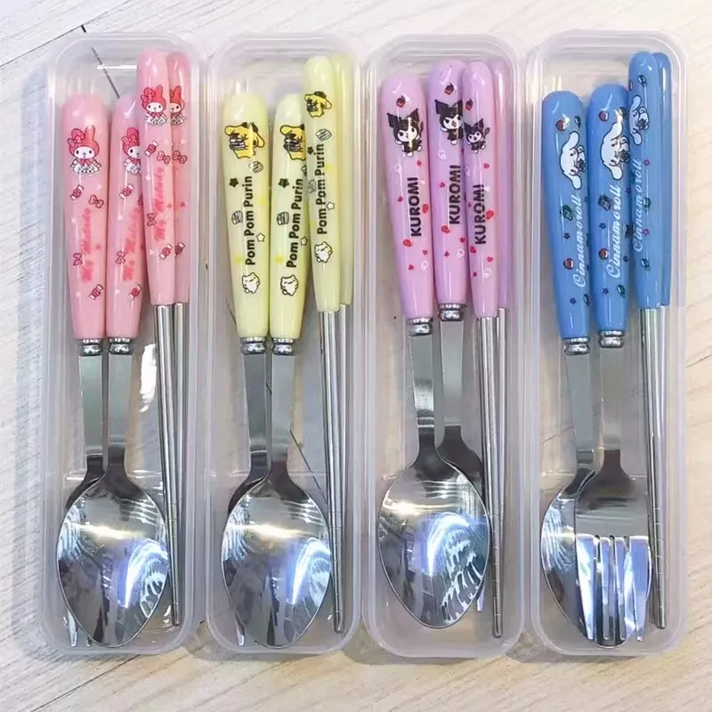 

Sanrio Kawaii Hello Kitty Spoon Cartoon Children's Eating Fork Stainless Steel Chopsticks Tableware Three-piece Kitchen Utensils