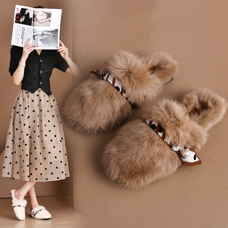 

Шлепанцы женские на плоской подошве, с мехом, плюшевые