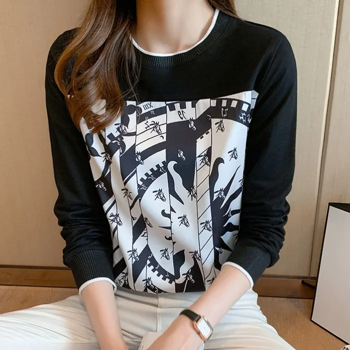 

Abstract Printing Black Long Sleeve Tee Summer Chiffon O Neck T Shirts Vintage Loose Bottom T-shirts Tops