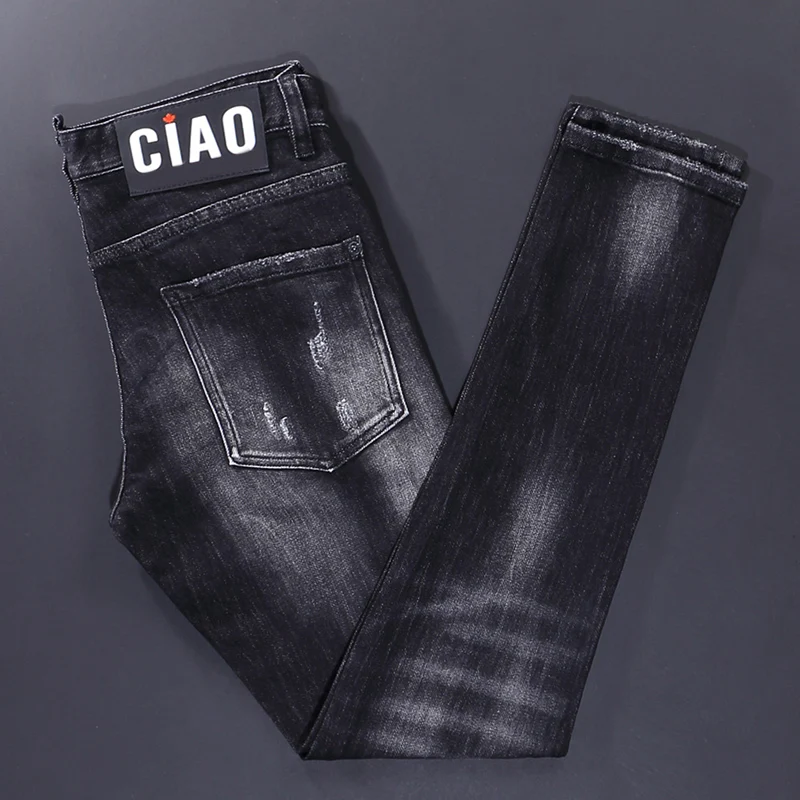 High Street Fashion Men Jeans Retro Black Gray Elastic Slim Fit Ripped Jeans Men Vintage Designer Trousers Brand Pants Hombre