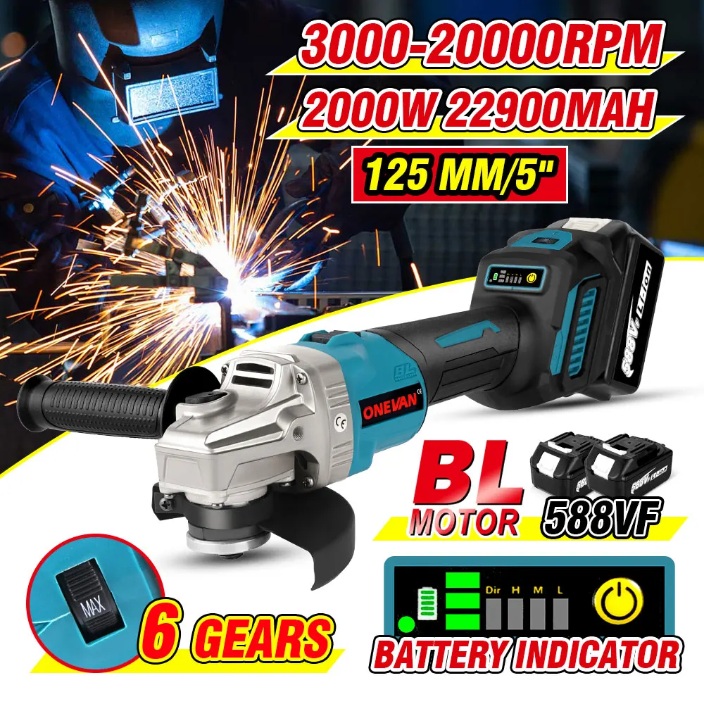2000W 125mm Brushless Cordless Angle Grinder Variable 6 Speed Polishing Cutting Machine 588VF Power Tool For Makita 18V Battery