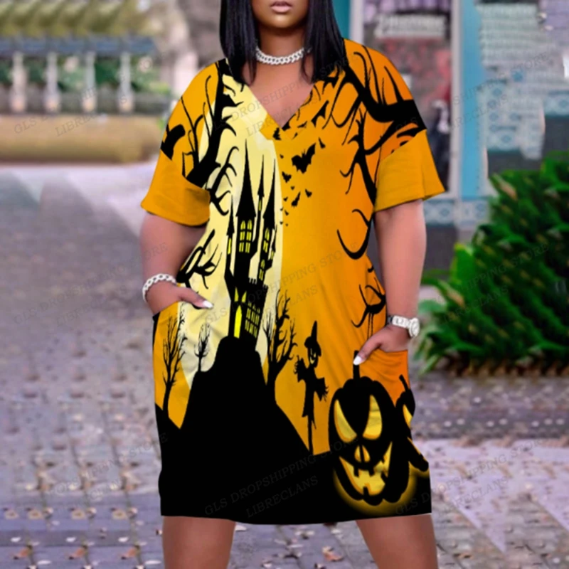 

Платье на Хэллоуин, женское модное платье тыквы с короткими рукавами, вечернее вечернее повседневное сексуальное платье миди в африканском...