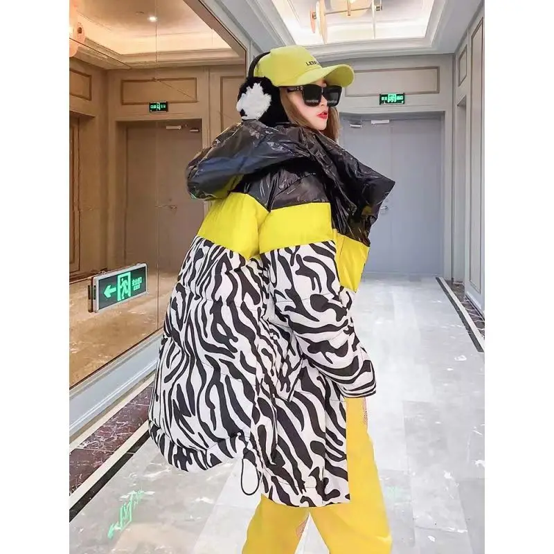 Thick Parka Women Winter Down Jacket Hooded Fashion Zebra Pattern Printed Coat Female's Cotton Padded Outwear Loose Jackets