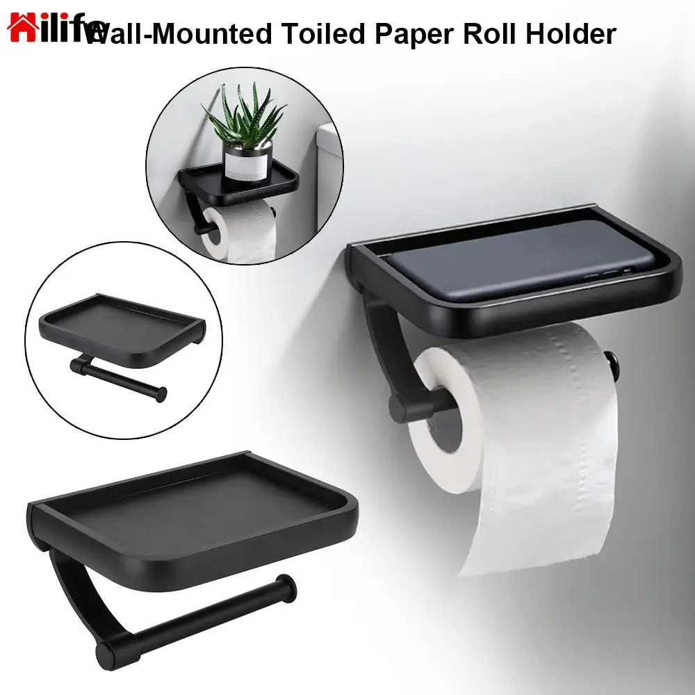 

Toilet Paper Holder With Phone Storage Shelf Tissue Bathroom Accessories Black Wall Mounted Paper Holder Roll Holder