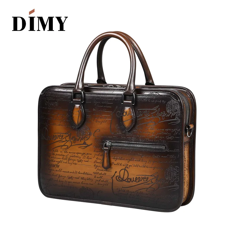DIMY Handmade Laptop Bags Man's Briefcases Genuine Cow Leather Business Case Totes Fashion Style Zipper Shoulder Bag For Men