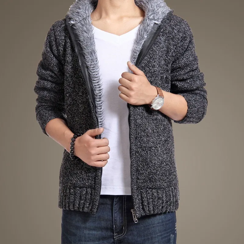 Winter New Men's Plus Velvet Outerwear Thick Sweater Coat Hooded Casual Knit Cardigan Tide Overcoat Male Fashion Warmth Jackets