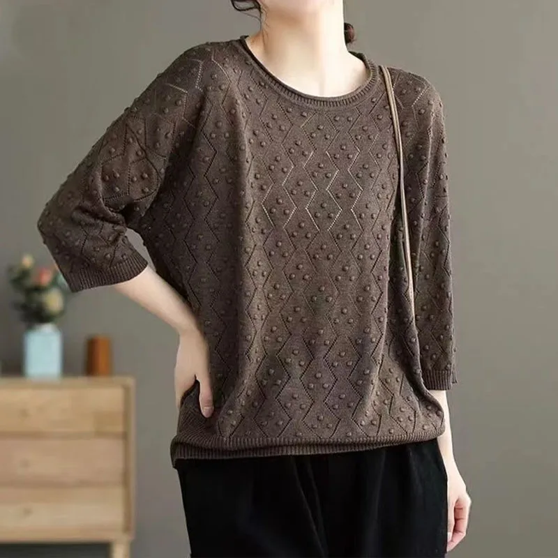 Женский Однотонный пуловер с полурукавами повседневный винтажный круглым